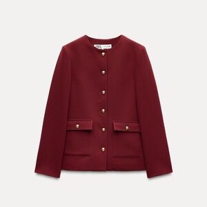 Zara Blazer Burgundy Holiday Round Neck Metal Buttons Pockets Small Preppy NWOT